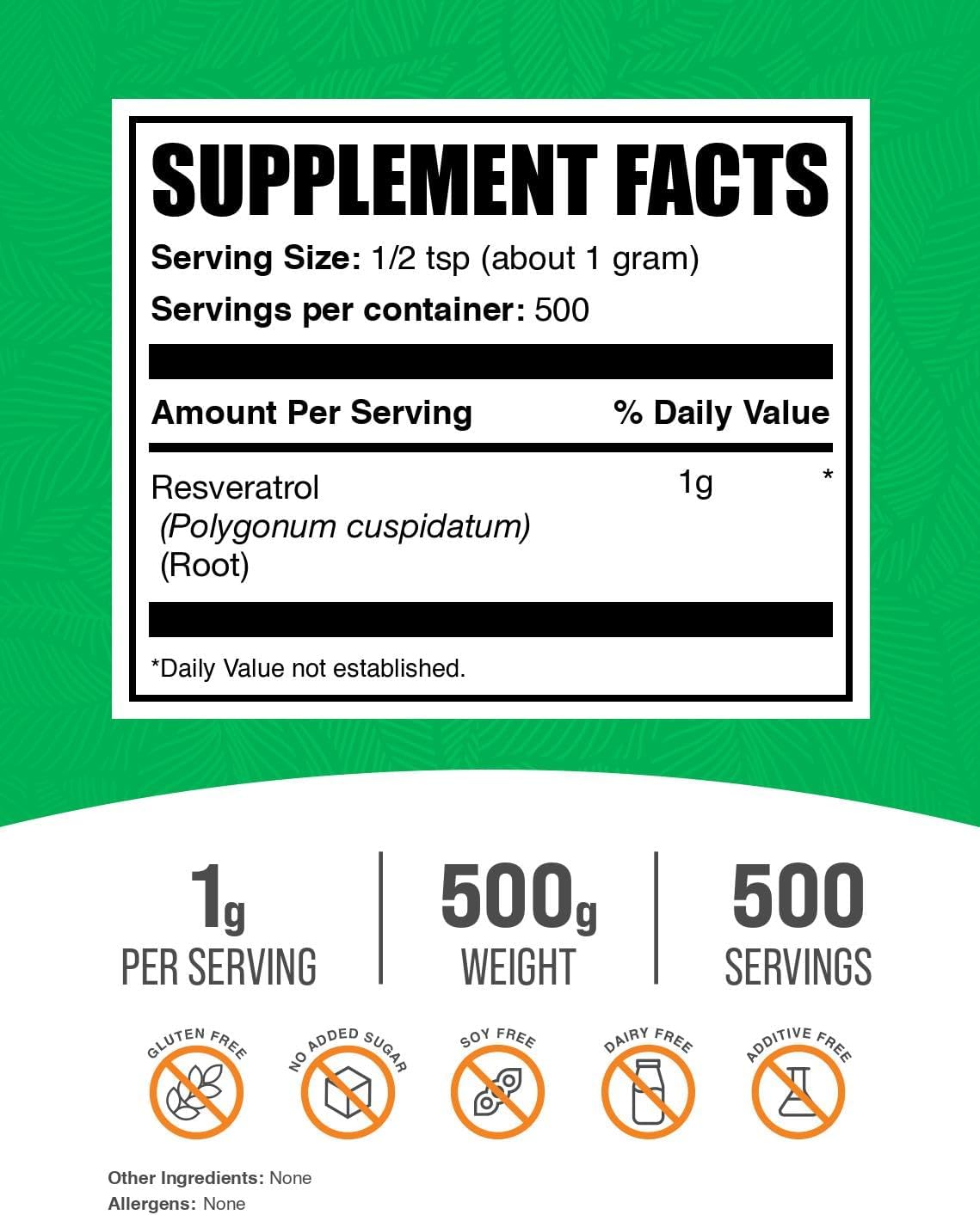 BulkSupplements.com Resveratrol Powder - Resveratrol Supplement, from Polygonum Cuspidatum - Antioxidant, Gluten Free, 1g per Serving, 500g (1.1 lbs) (Pack of 1)
