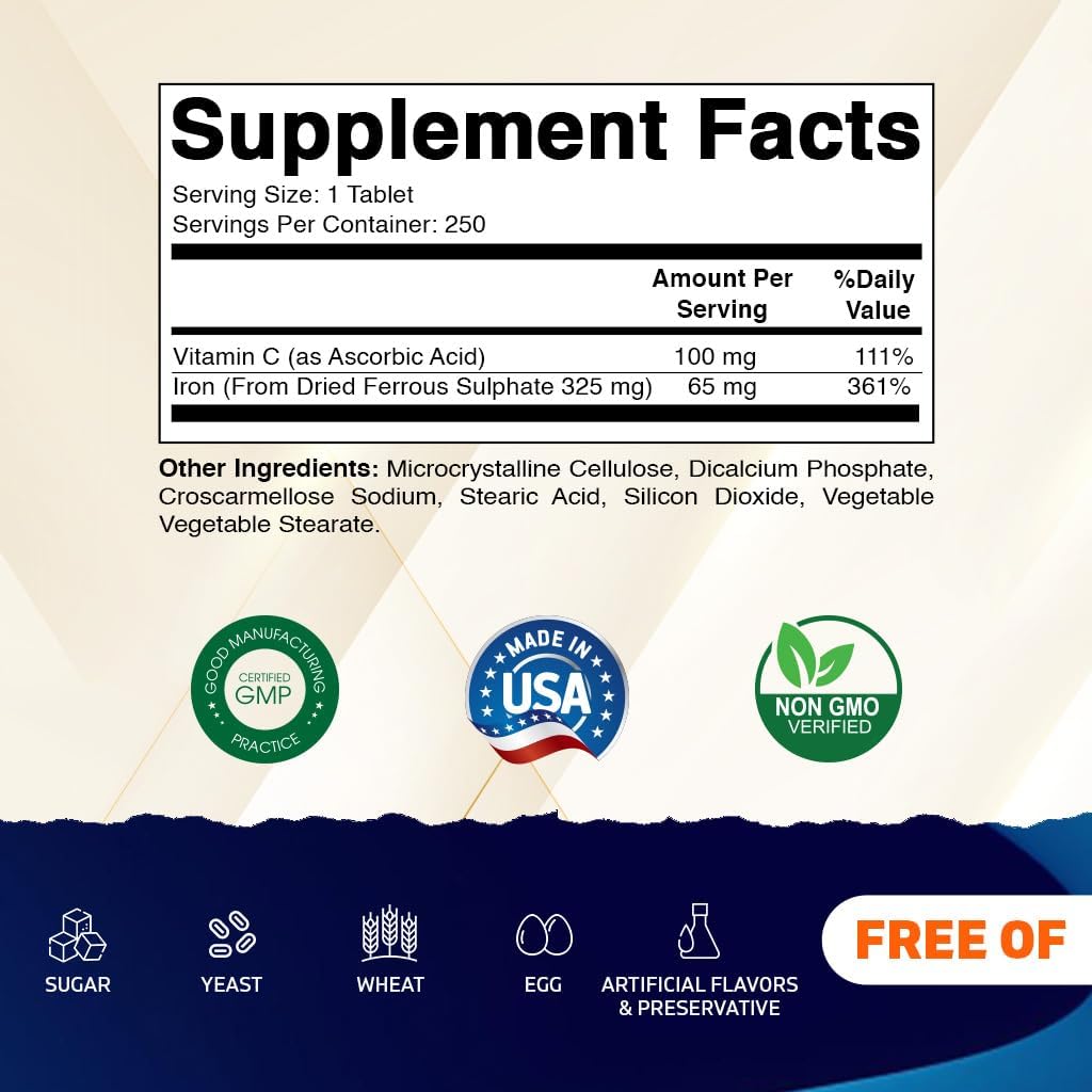 Vitamatic Ferrous Sulfate 325 mg with Vitamin C 100 mg (65 mg Elemental Iron) – High Potency Iron Supplement – No Artificial Colors – 250 Coated Tablets, Made in USA