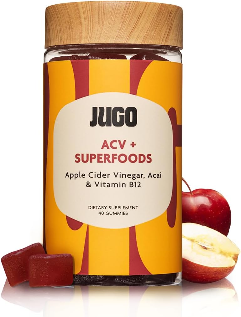 JUGO Apple Cider Vinegar + SUPERFOODS | ACV Gummies with Vitamin B12 & Acai | 40 Count Digestive Support Gummies | Plant-Based, Gelatin- Free, Non-GMO, Made in USA