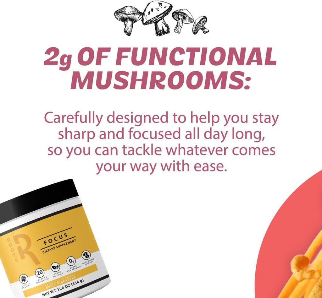 Roots Focus Nootropic Brain Supplement - Fruit Punch, Blend of Lion's Mane, Cordyceps, & Reishi Functional Mushrooms + Extended-Release Caffeine, 50 Servings