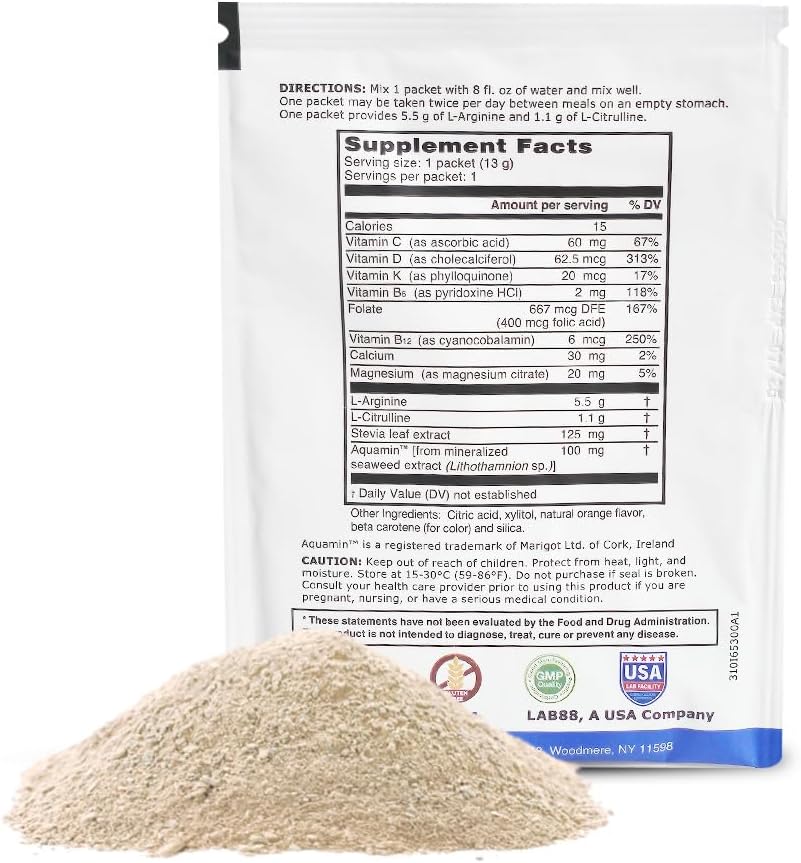 L-ARGININE PRO Supplement Powder | 30 Packets Single Serve Travel Size | 5,500mg of L-arginine Plus 1,100mg L-Citrulline, Orange