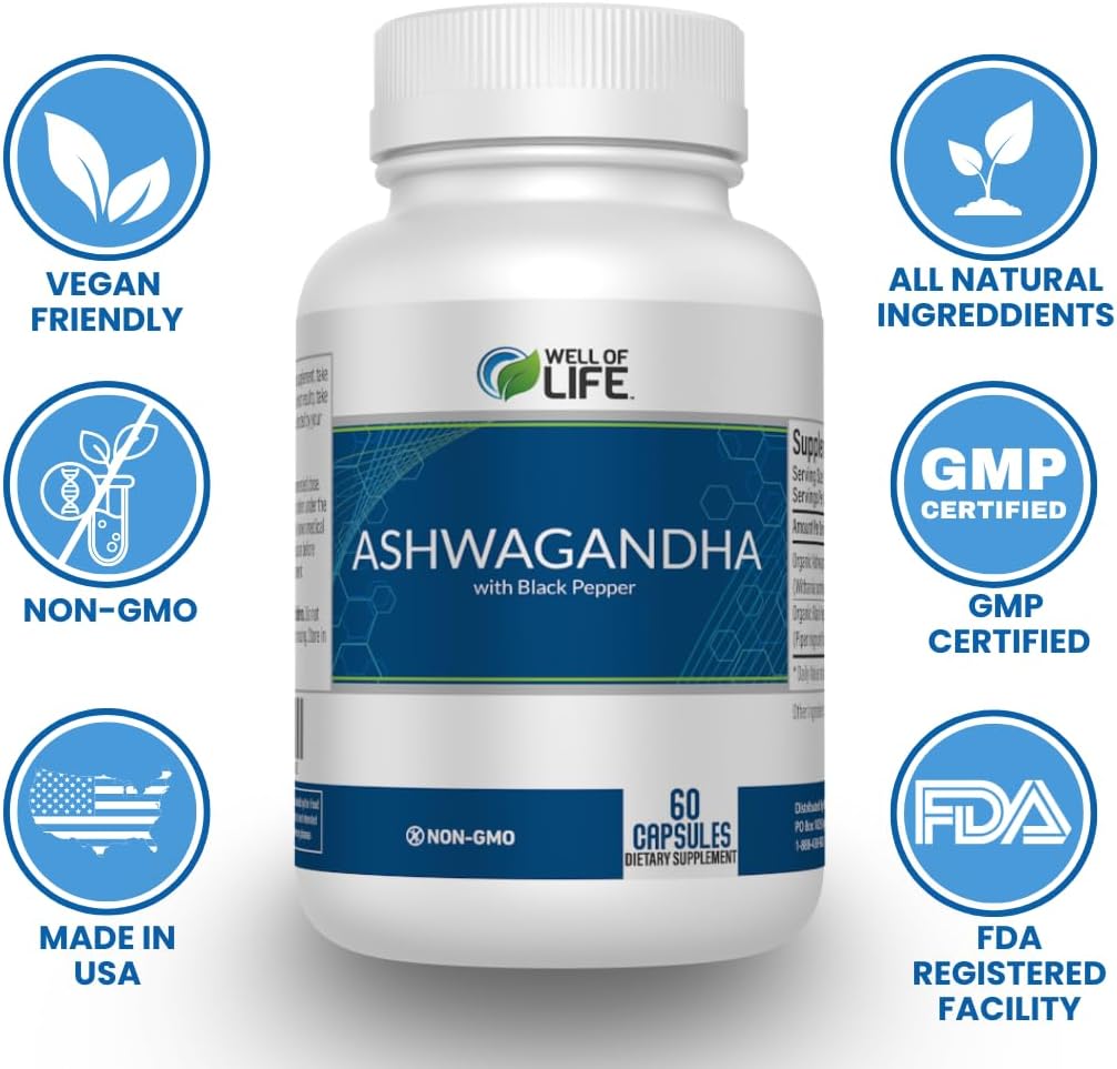 Well of Life: Ashwagandha 650mg + Black Extract 60 Veg Capsules: Enhanced Sleep & Well-Being. Adrenal Health Support. Non-GMO, GMP Certified. Made in USA.