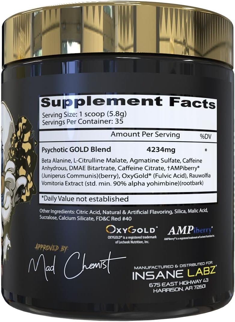 Insane Labz Psychotic Gold and Insane Veinz Gold Pre Workout Nitric Oxide Booster Stack, Increase Muscle Mass, Vascularity, Strength, Energy, Focus, Fruit Punch