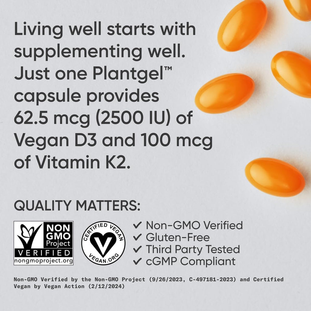 Sports Research® Vitamin D3 + K2 with Coconut MCT Oil | Vegan D3 2500iu (62.5mcg) & Plant Based Vitamin K2 Supplement | Vegan Certified, Soy & Gluten Free - 60 Softgels