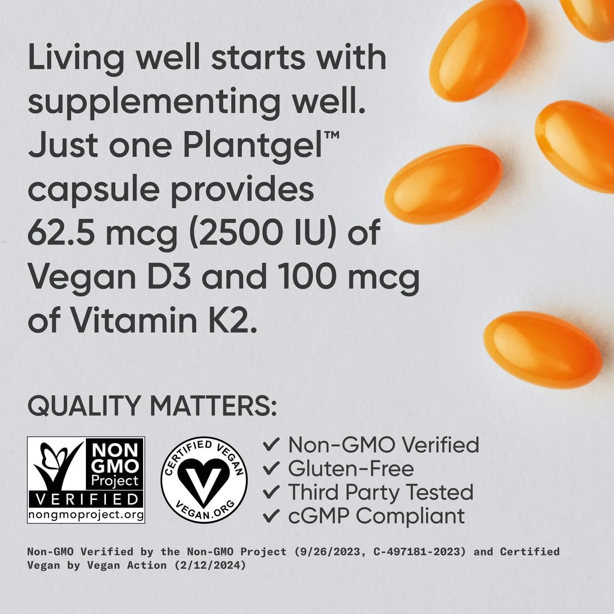 Sports Research® Vitamin D3 + K2 with Coconut MCT Oil | Vegan D3 2500iu (62.5mcg) & Plant Based Vitamin K2 Supplement | Vegan Certified, Soy & Gluten Free - 60 Softgels