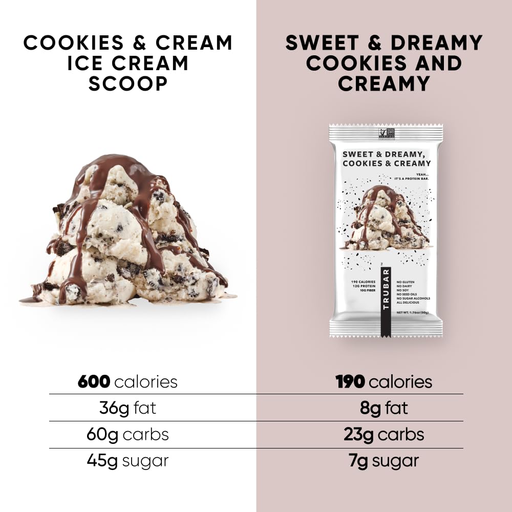 TRUBAR Vegan Protein Bar, Sweet & Dreamy Cookies and Creamy, Gluten Free, Plant Based Protein, Dairy Free, Non GMO, Soy Free, No Sugar Alcohols, 12G Protein, 12G Fiber, 23G Carb, On the Go Snack Bars, 12ct