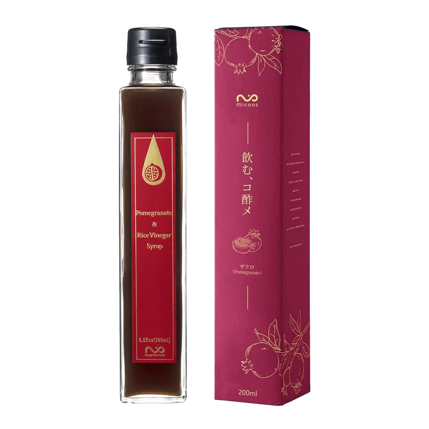 [Micoas] Pomegranate & Rice Vinegar Syrup, Rice Drinking Vinegar, For Gift, With Kombucha, Gluten Free, Shrub, Alternative to Alcohol Drink, Made in Japan, 200ml (6.8 oz)