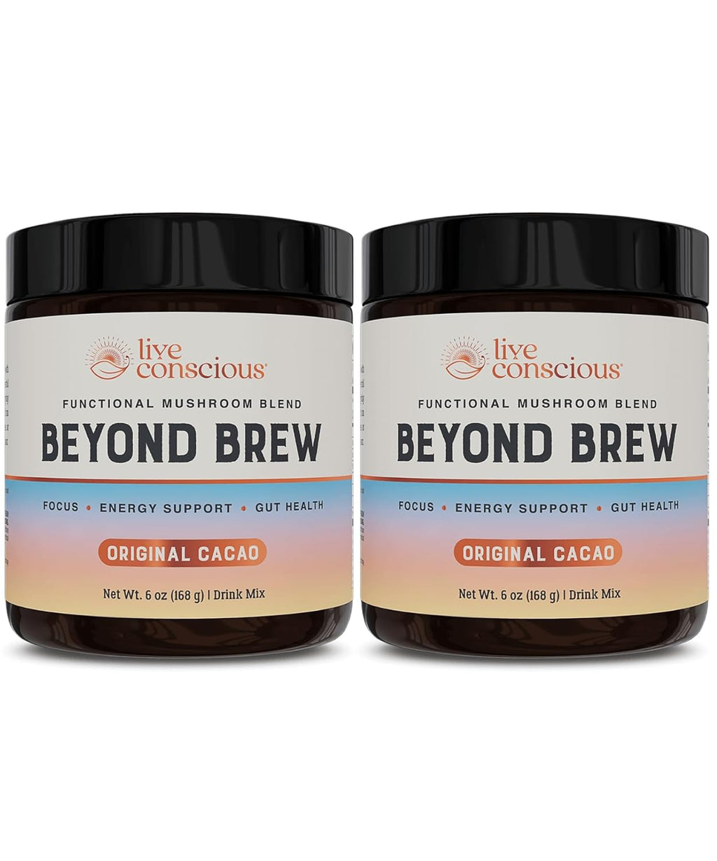 Live Conscious Beyond Brew - Superfood Coffee Alternative - Low Caffeine - Lion’s Mane, Reishi, Cordyceps & Chaga for Sustained Focus, Energy & Immunity - w/ Prebiotics & Probiotics Supports Gut Health 6 oz (2-Pack)