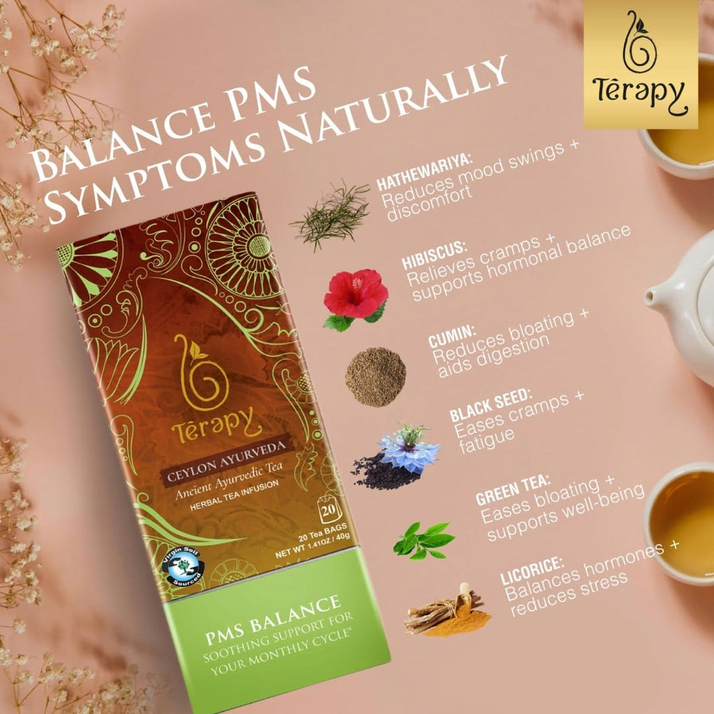 Térapy Ceylon PMS Balance Tea For Women - Soothing Support for PMS Relief, Hormonal Balance, Monthly Cycle support & Period Tea - 100% Natural Herbal Ingredients - Red Hibiscus, Cumin, Licorice & More Herbs