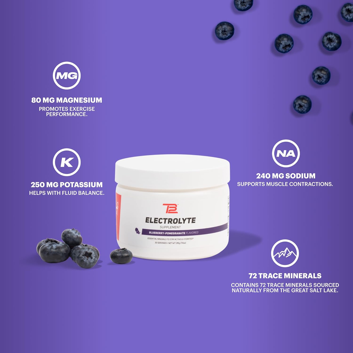 TB12 Electrolyte Powder Blueberry Pomegranate – Mineral-Rich Electrolyte Powder for Fast Hydration by Tom Brady - Natural, Low Sugar, Vegan, Gluten-Free, Easy to Mix - 30 Servings (1 Jar)