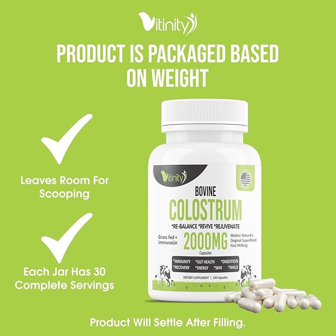 VITINITY Grass Fed Bovine Colostrum Capsules for Humans - Natural IgG Colostrum Supplement for Gut Health, Immune Support, Muscle Recovery & Wellness | Pure Colostrum Superfood, Unflavored (120 Count)