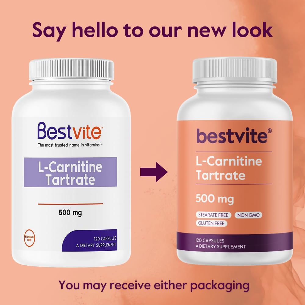 BESTVITE L-Carnitine Tartrate 500mg per Capsule (120 Capsules) - No Stearates - Non GMO - Gluten Free