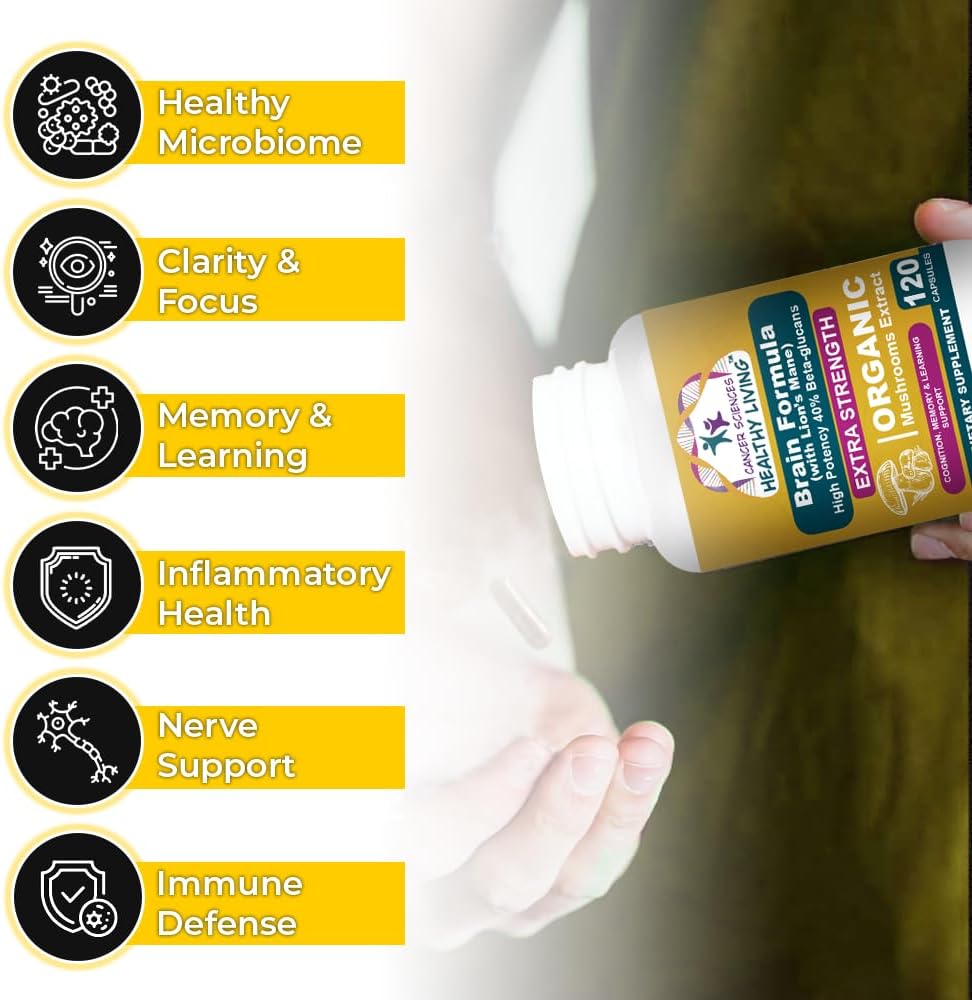 Cancer Sciences Brain Supplements for Memory and Focus - 1,500mg Brain Health Mushroom Supplement for Adults & Seniors - High Potency 40% Beta-Glucans for Immune Support & Vitamins, 120 Capsules