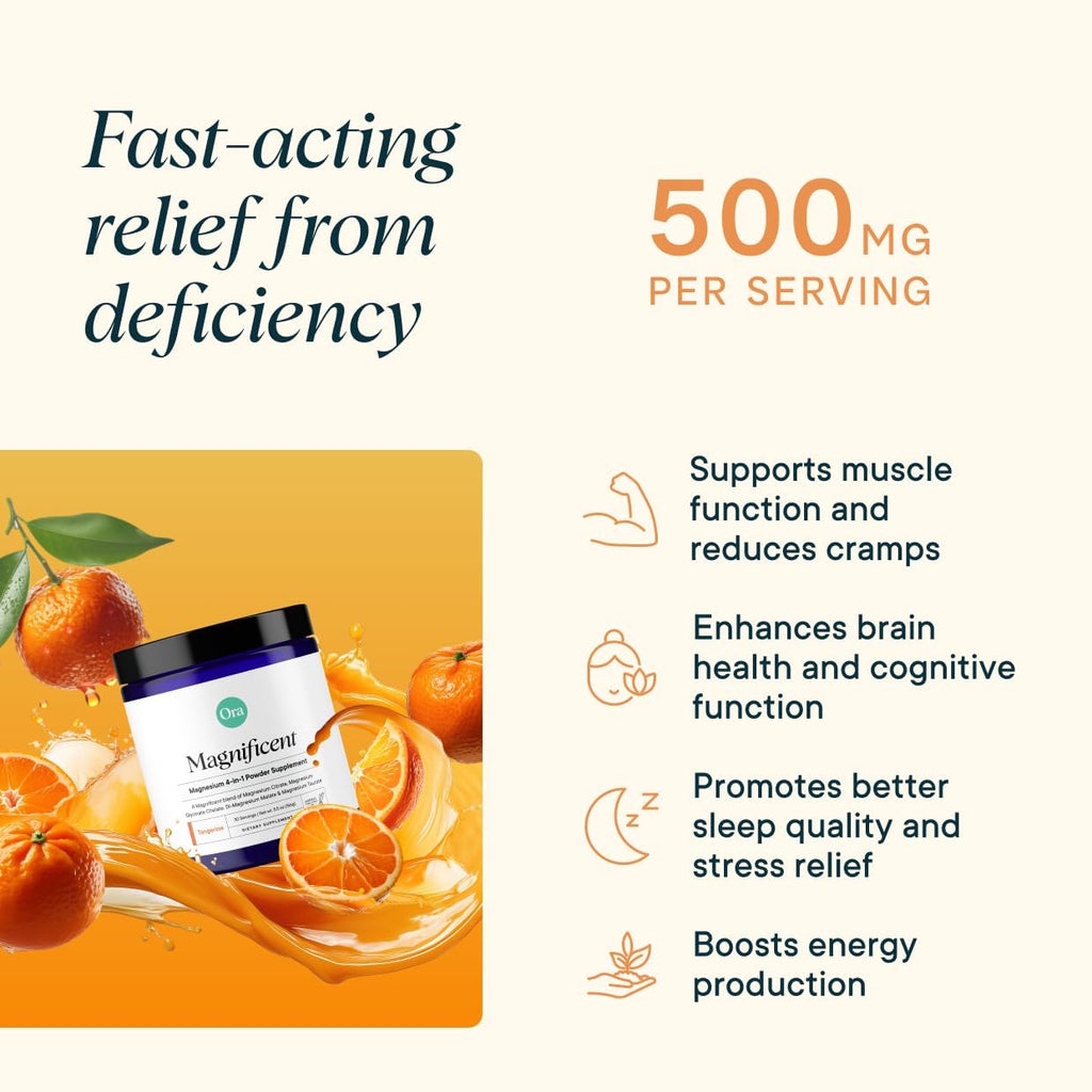 Ora Organic Magnificent, Magnesium Complex Powder for Sleep, Stress, Muscle Recovery, Brain & Heart Support, 4-in-1 Magnesium Glycinate, Citrate, Malate, & Taurate, Vegan, Gluten-Free, Non-GMO, 30Serv