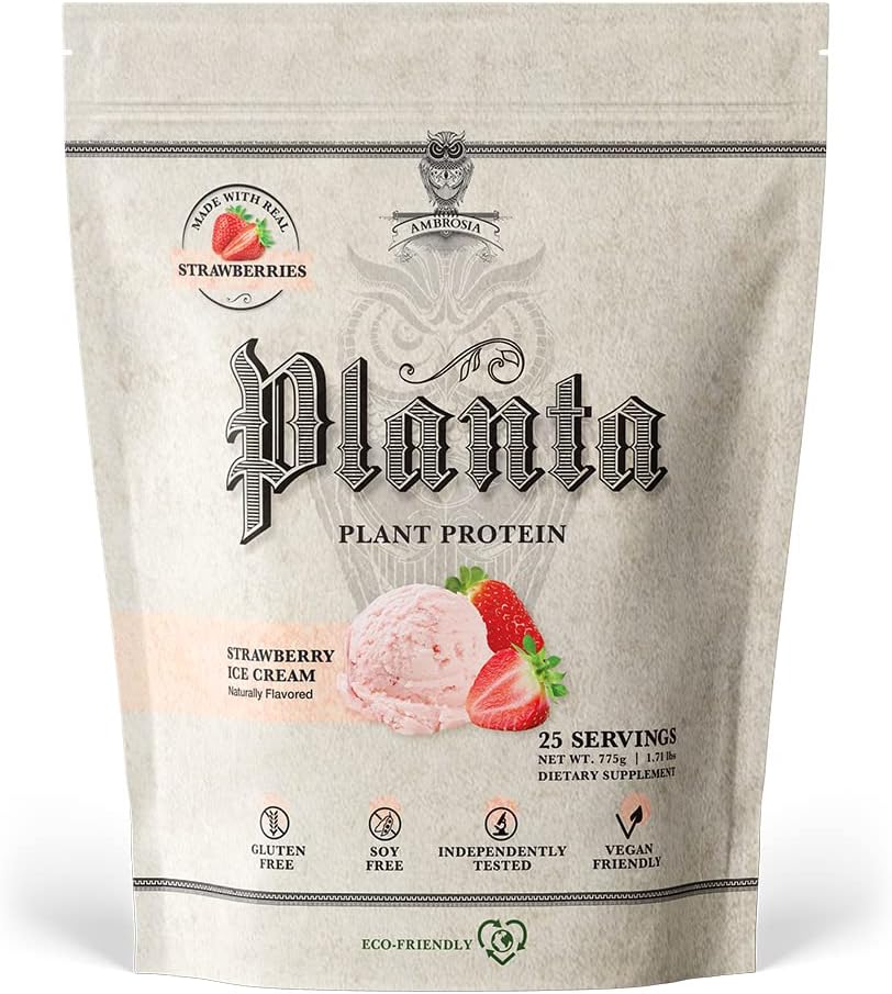 Ambrosia Planta - Premium Organic Plant-Based Protein | Vegan & Keto Friendly | Gourmet Flavors | No Bloating or Stomach Upset | Gluten & Soy Free | No Added Sugar | 25 Servings | Strawberry Ice Cream