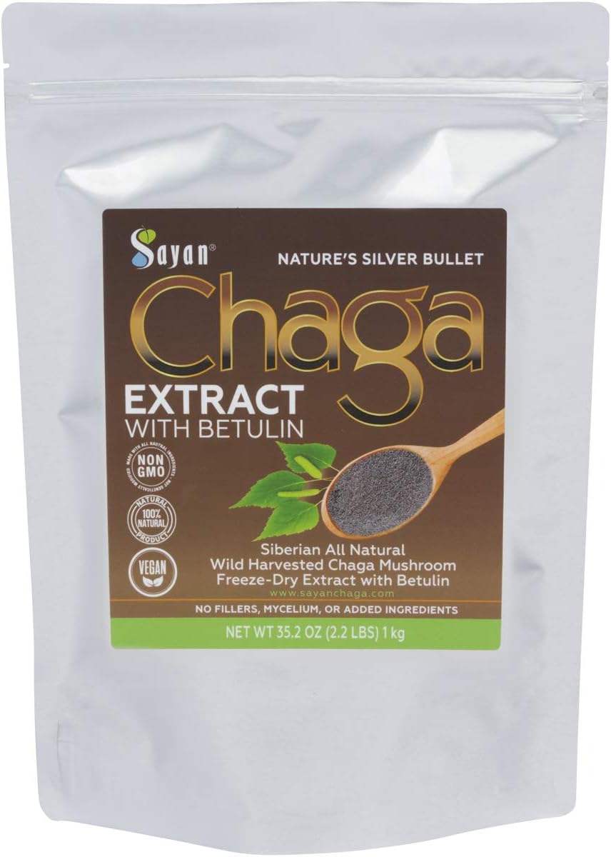 Sayan Siberian Chaga Mushroom Extract with Betulin Powder (2.2lbs)–Organic Antioxidant Blend – Support Immune System & Regulate Body Functions, Energy, Clarity, Wellness – Mix with Yogurt or Smoothies