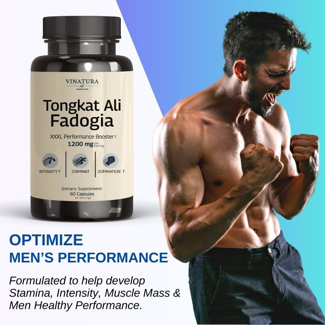 Tongkat Ali Fadogia Agrestis - 1200mg, Enhanced with Nitric Oxide Booster Supplement, Longjack Tongkat Ali for Men, *USA Made and Tested*, 60 Capsules