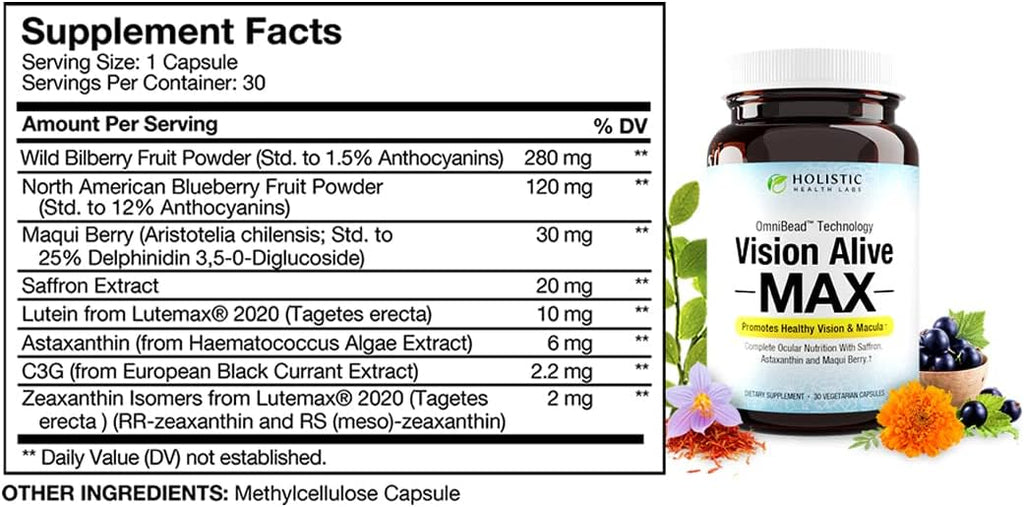 Vision Alive Max with 8 Natural Ingredients Lutemax® 2020, Bilberries, Blueberries, c3g from Black Currant, Maqui Berry, Saffron, and Astaxanthin (30 Count (Pack of 3))