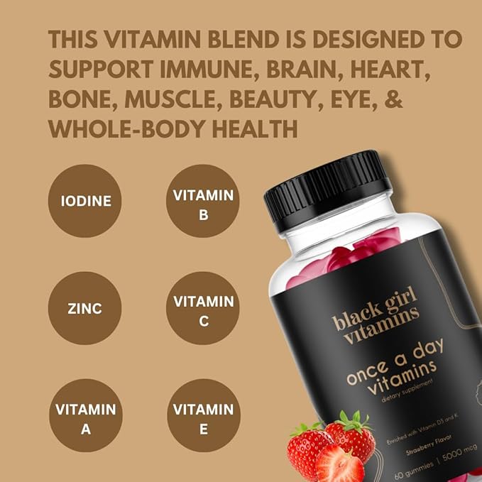 Black Girl Vitamins Once a Day - Womens Multivitamin Gummy - Vitamin A, B, C, E and Zinc. Multivitamin for Women, Immune Support. Vegan, Gluten-Free. Made in The USA (30 Day Supply, Strawberry)