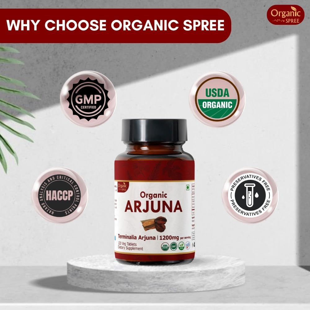 Arjuna 120 Tablets – USDA Organic Terminalia Arjuna Supplement – Supports Heart & Cardiovascular Health* - Pack of 3