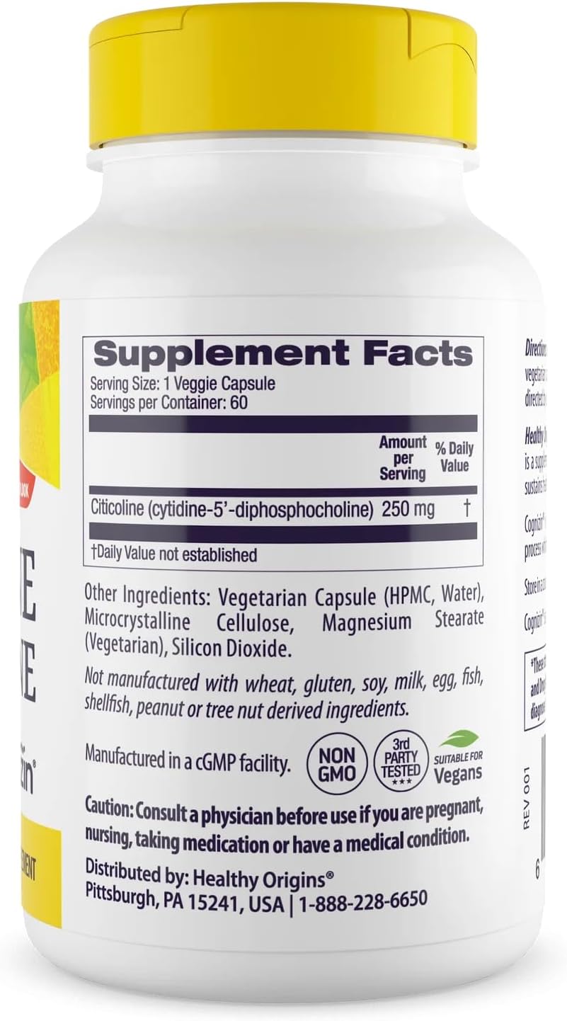 Healthy Origins Cognizin (Citicoline), 250 mg - Brain Supplement for Memory with Citicoline CDP Choline - Non-GMO, Vegan & Gluten-Free Supplement - 60 Veggie Capsules