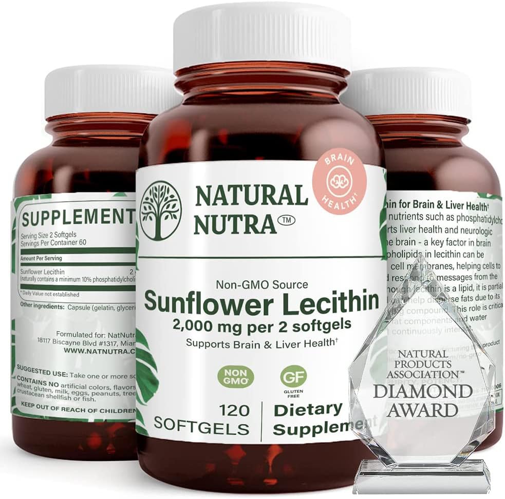 Natural Nutra Sunflower Lecithin 2000 mg Supplement, Supports Breastfeeding Moms with Plugged Milk Duct Relief, Liver & Brain Health Booster, Soy Free, Non-GMO, Gluten-Free, 120 Softgels (2 Pack)