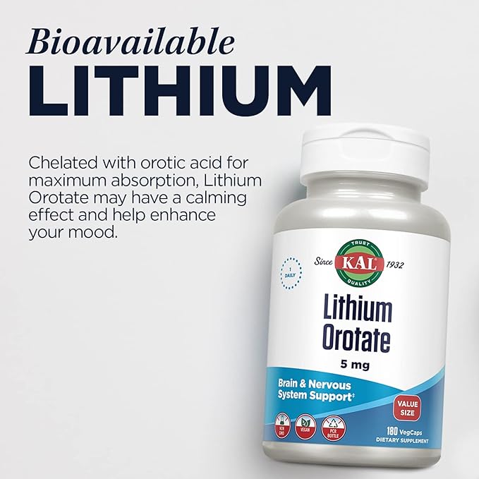 KAL Lithium Orotate 5mg, Low Dose Lithium Supplement for General Wellness Mood Support, Highly Bioavailable, Vegan, 60-Day Guarantee, 180 Servings, 180 VegCaps