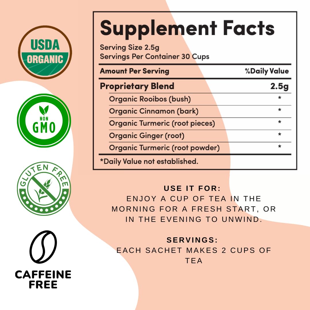 Organic Turmeric Ginger Tea - AIP diet, Whole 30, Paleo friendly, Golden Tonic Herbal Blend - Ayurvedic rooibos herbs, 100% Organic Gluten-Free