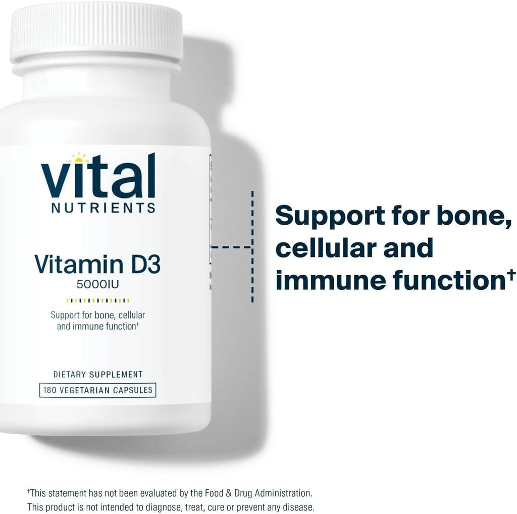 Vital Nutrients Vitamin D 5000 IU | Vitamin D3 Supplement | Healthy Bones, Teeth, Muscles*| Cellular & Immune Function | Calcium Absorption | Gluten, Dairy and Soy Free | 180 Capsules