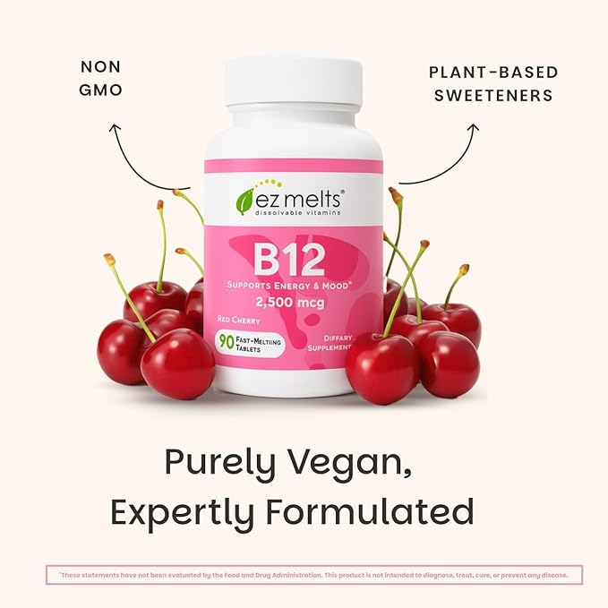 EZ Melts Dissolvable B12 2,500 mcg - Vitamin B12 for Energy & Immune Support - Non-GMO, Vegan & Gluten-Free - Red Cherry - 180 Sublingual Tablets (180 Servings)