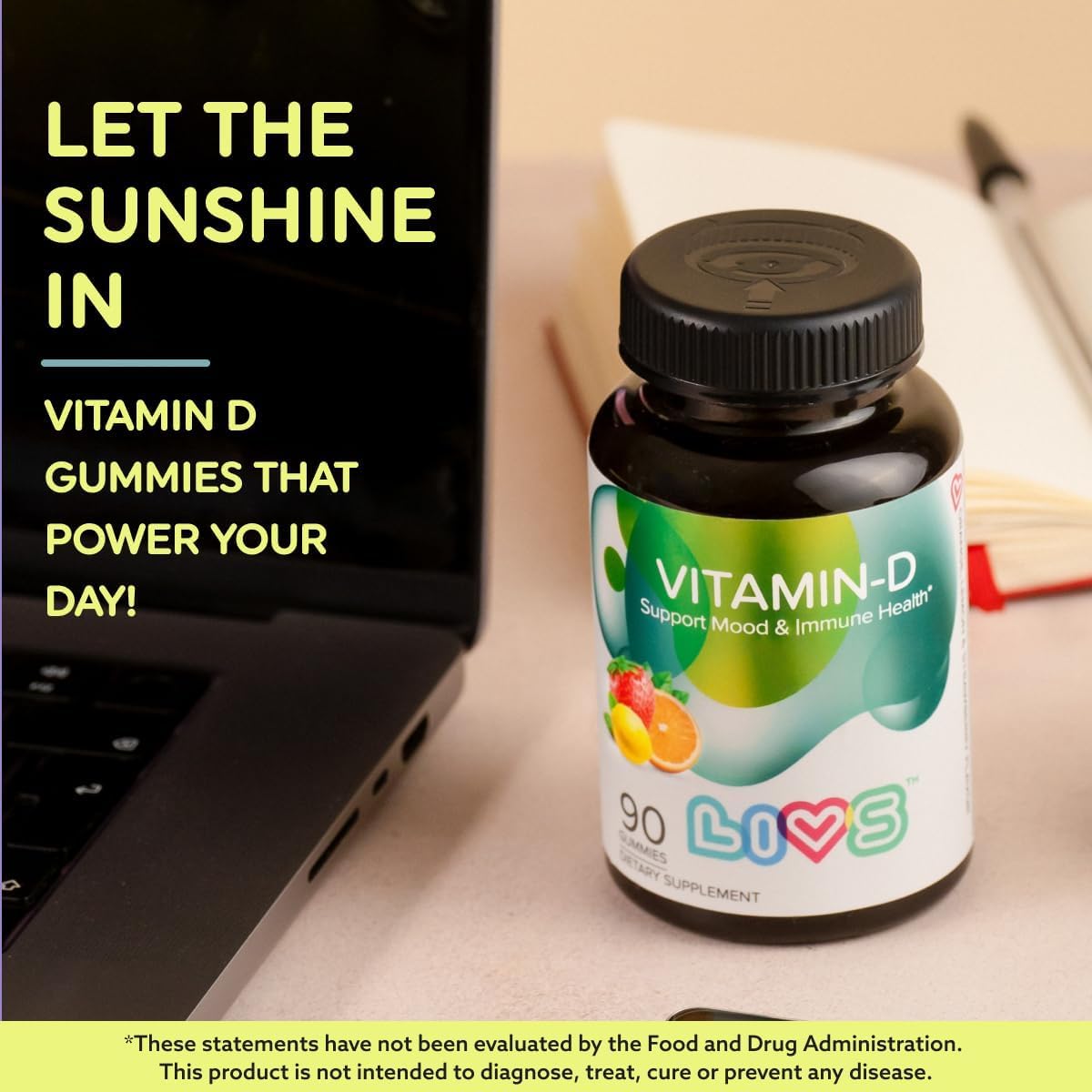 Vitamin D Gummies for Women & Adults | Vitamin D3 2,000 IU Supplement for Immune Support & Bone Health | Gelatin-Free, Gluten-Free & Non-GMO Gummy Vitamins | Lemon, Berry & org Flavor - 90 Ct