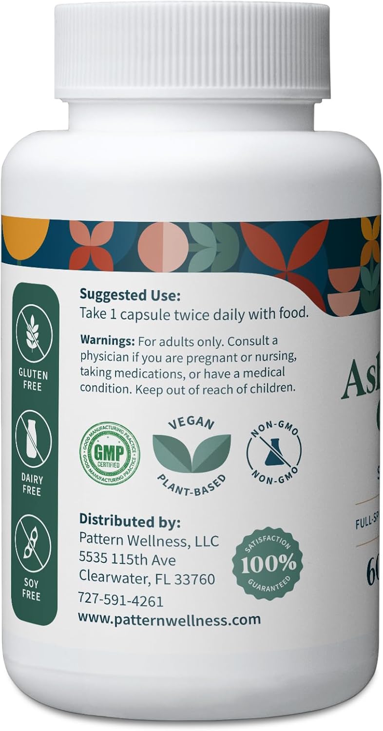 Pattern Wellness Ashwagandha Complex for Men & Women - KSM-66 & Black Pepper Extract - Whole Body & Heart Health - Supports Stress & Mood - Non-GMO - 180 Vegan Capsules