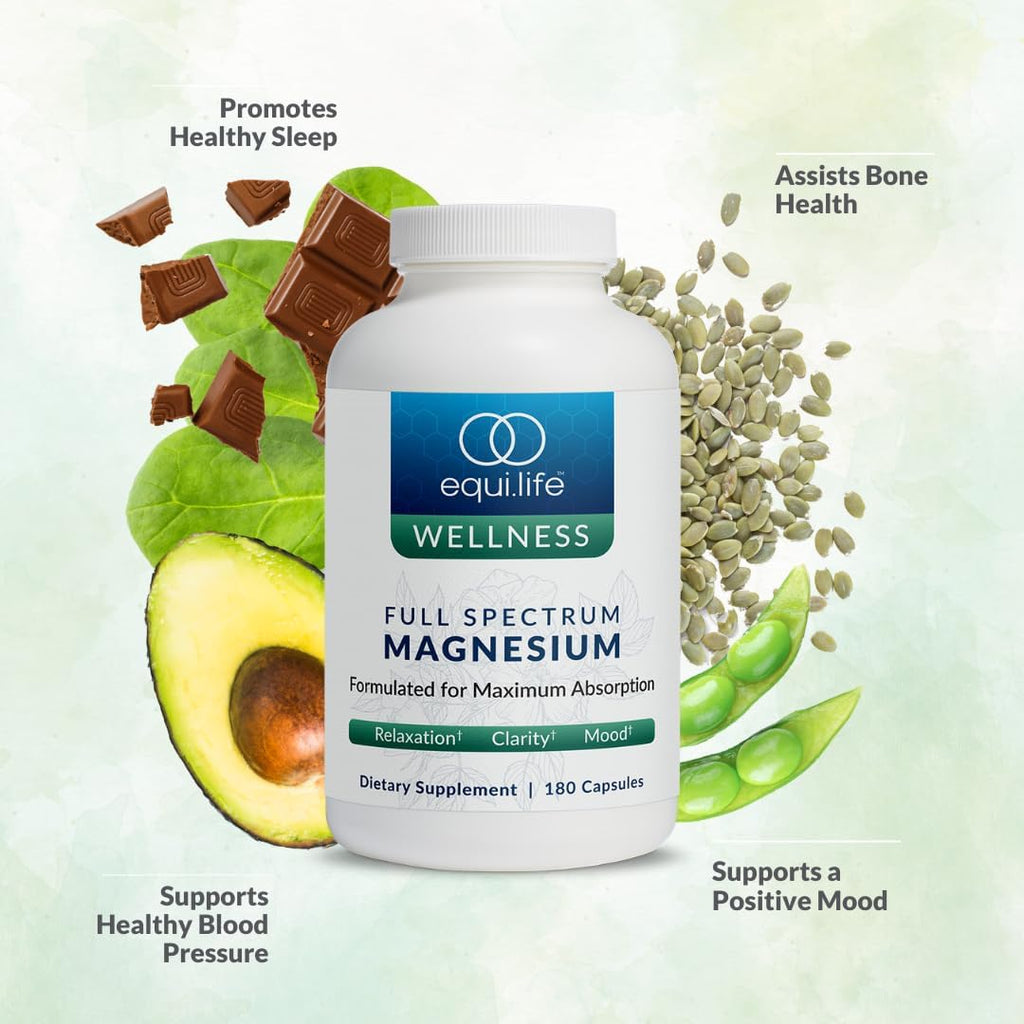 Equilife Full Spectrum Magnesium Supplement, Magnesium Glycinate, Citrate, & Malate, Bioavailable Mineral Blend, Dairy, Soy, & Gluten Free, Vegan, Non GMO, 180 Capsules
