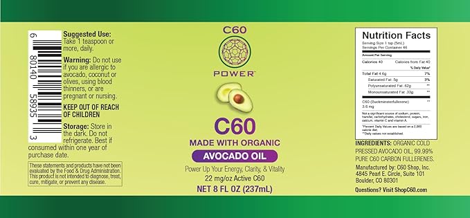C60 Power C60 in Organic Avocado Oil - Natural Wellness & Antioxidant Support for Men & Women, 99.99% Pure Carbon Fullerenes, Promotes Energy, Mental Clarity, & Stamina - 8 fl oz Bottle