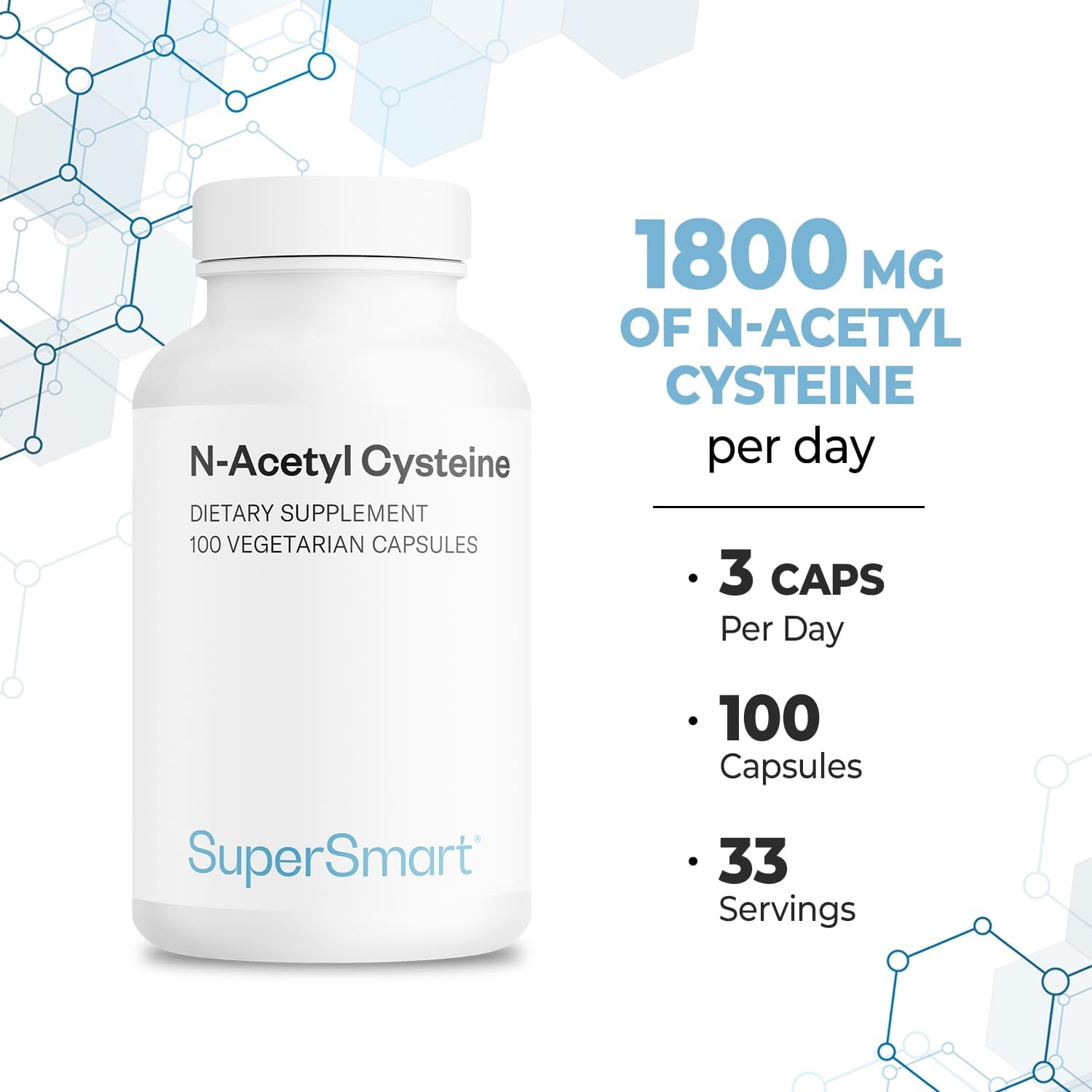 Supersmart N-Acetyl Cysteine 1800mg per Day (High Absorption) - NAC Supplement - High Potency Antioxidants Amino Acids - Glutathione Precursor | Non-GMO & Gluten Free - 100 Vegetarian Capsules