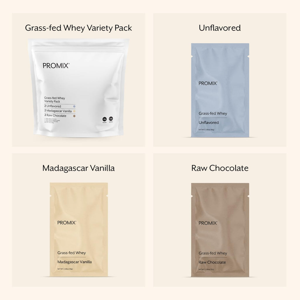 Promix Whey Protein Powder, Variety Pack (Unflavored, Vanilla, & Chocolate Flavors) Grass-Fed & 100% All Natural - ­Post Workout Fitness & Nutrition Shakes, Smoothies, Baking & Cooking Recipes