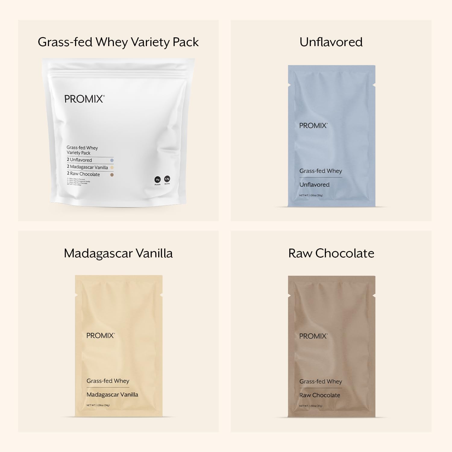 Promix Whey Protein Powder, Variety Pack (Unflavored, Vanilla, & Chocolate Flavors) Grass-Fed & 100% All Natural - ­Post Workout Fitness & Nutrition Shakes, Smoothies, Baking & Cooking Recipes