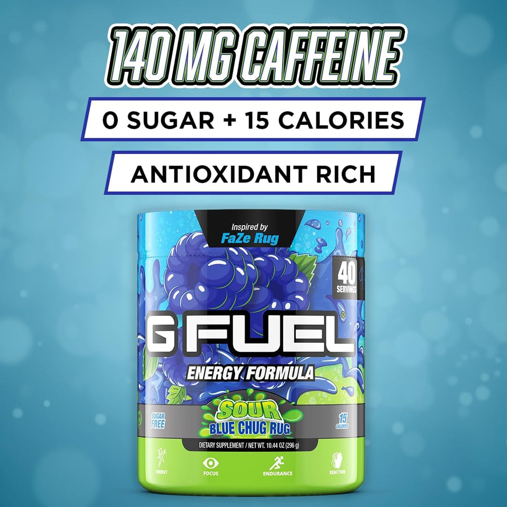 G Fuel Chug Rug Energy Drink Powder, Pre Workout Caffeine Mix for Gaming, Sugar Free Focus Amino, Vitamin + Antioxidants, 10.44oz (Sour Blue Raspberry, 40 Servings)