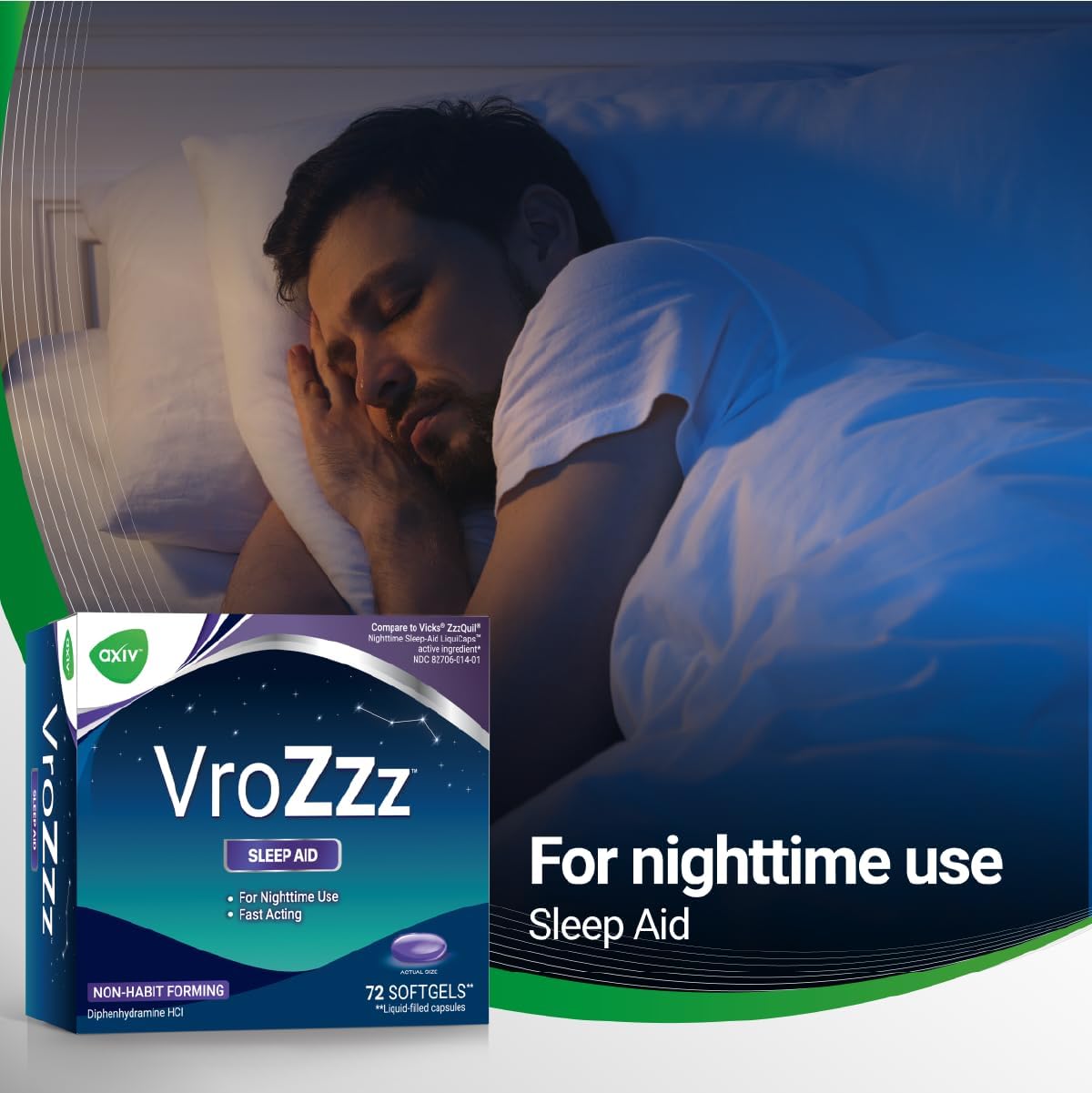 AXIV VrozZZ Sleep Aid Softgels, Nighttime Sleep Aid Liquid-Filled Capsules, for Nighttime use, Non-Habit Forming, 25mg Diphenhydramine HCI, Fall Asleep Fast, 72 Count