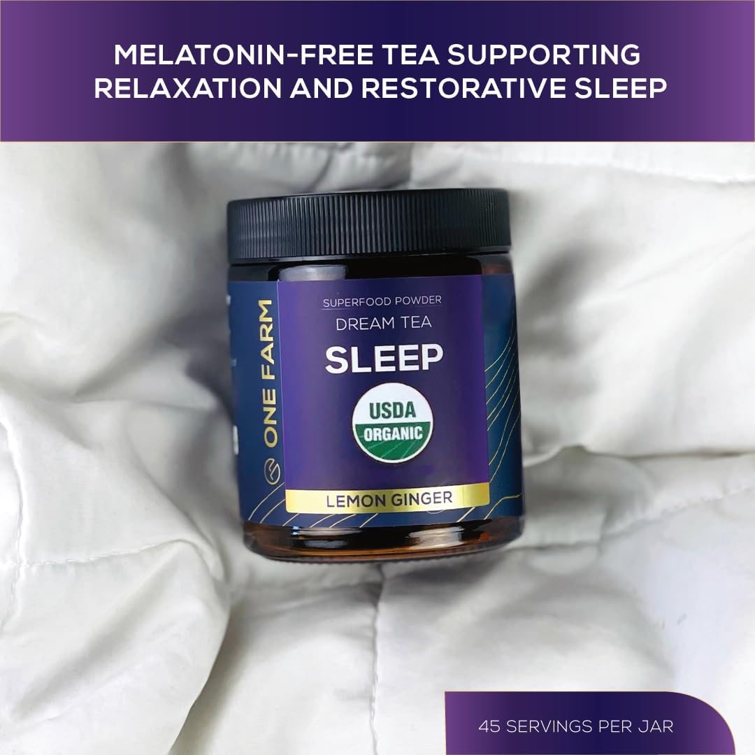 One Farm Dream Tea Sleep Powder - with USDA Organic Reishi, Tart Cherry, Chamomile, Lemon Balm, and Passionflower - 45 Servings in a Resealable Glass Jar - Soothing Chamomile Flavor