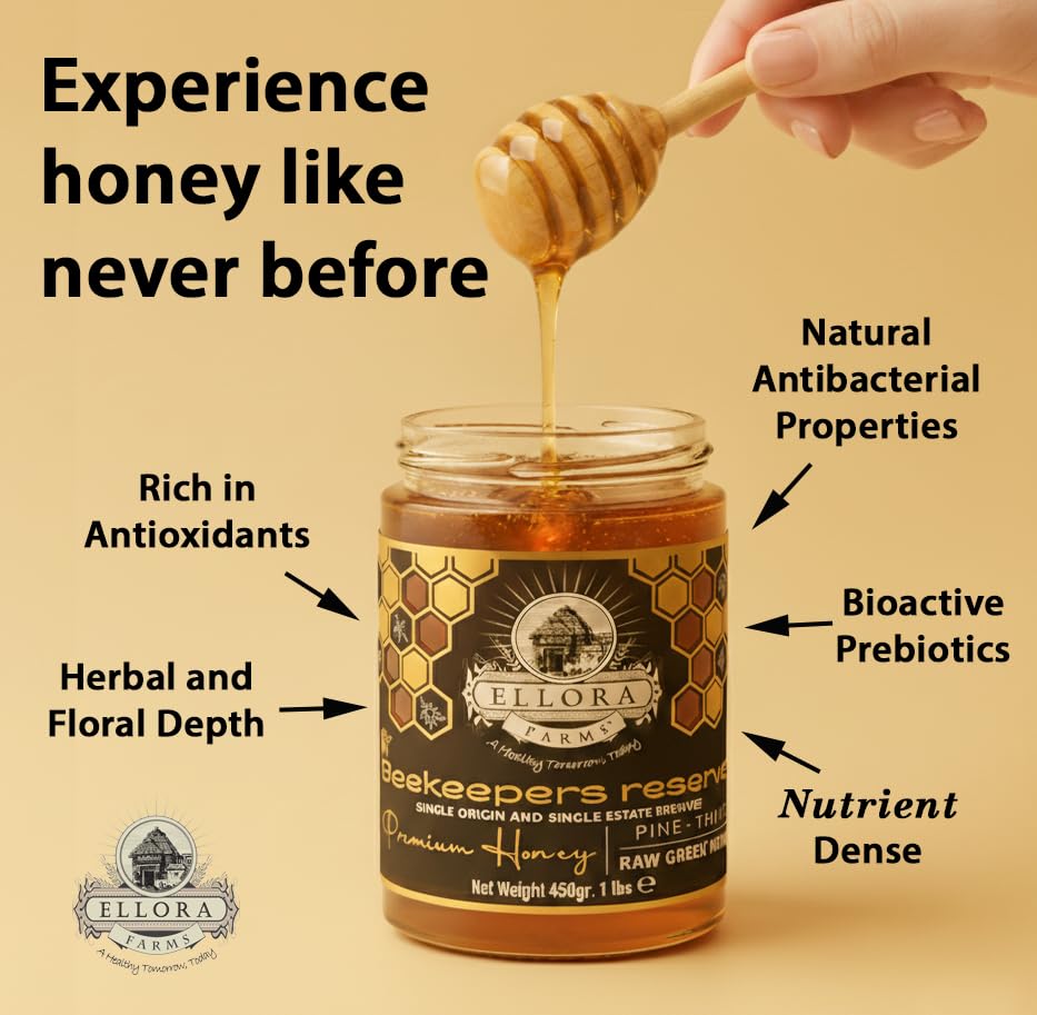 Ellora Farms Greek Honey Single Estate PDO, Pine & Thyme Raw Honey Unfiltered, Beekeepers Reserve, Pure Raw & Unfiltered Cold-Pressed, Gluten Free - 450 g