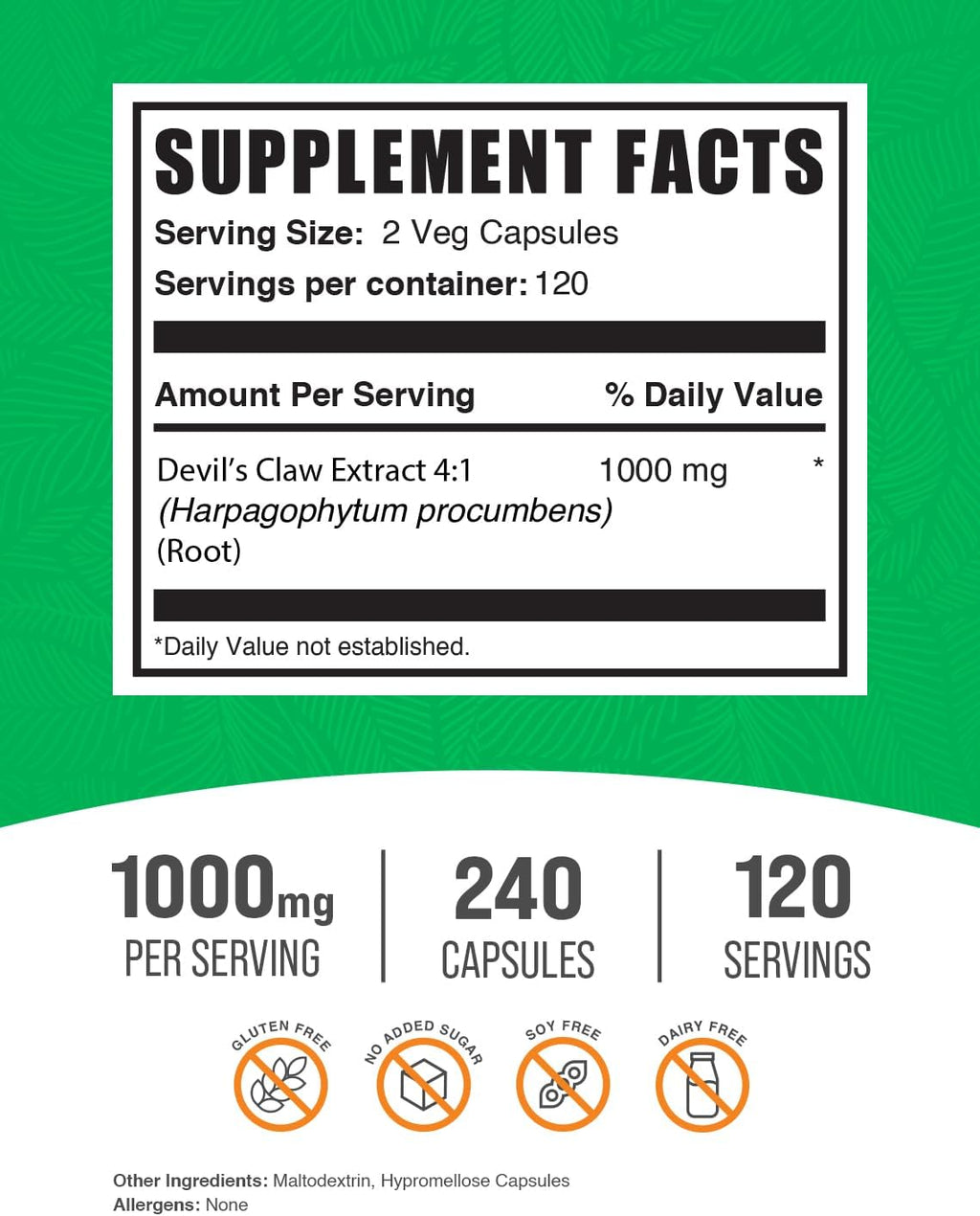 BulkSupplements.com Devil's Claw Extract Capsules - Devils Claw Herbal Supplement, Devil's Claw Capsules - Vegan & Gluten Free, 2 Capsules per Serving, 240 Veg Capsules (Pack of 1)
