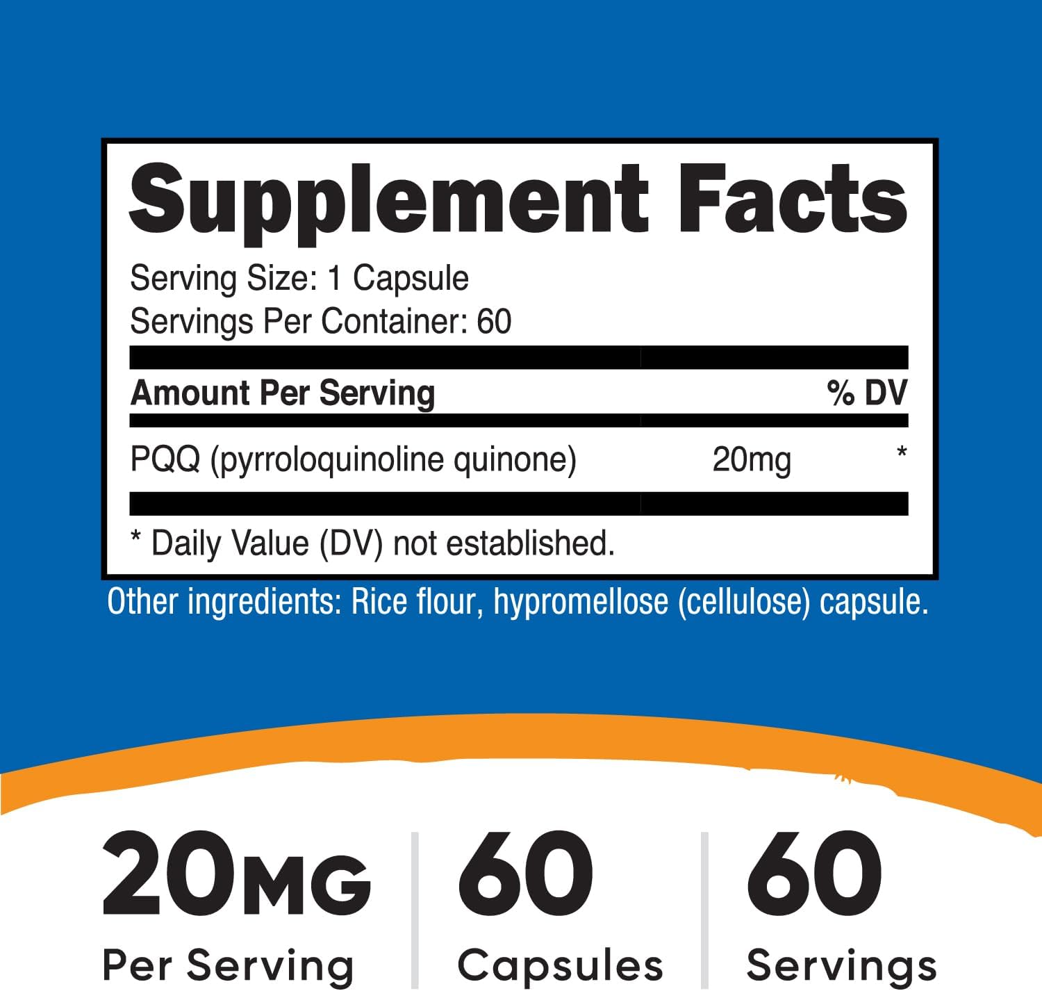 Nutricost PQQ (Pyrroloquinoline Quinone) 20mg, 60 Capsules - Vegetarian Capsules, Non-GMO, Gluten Free
