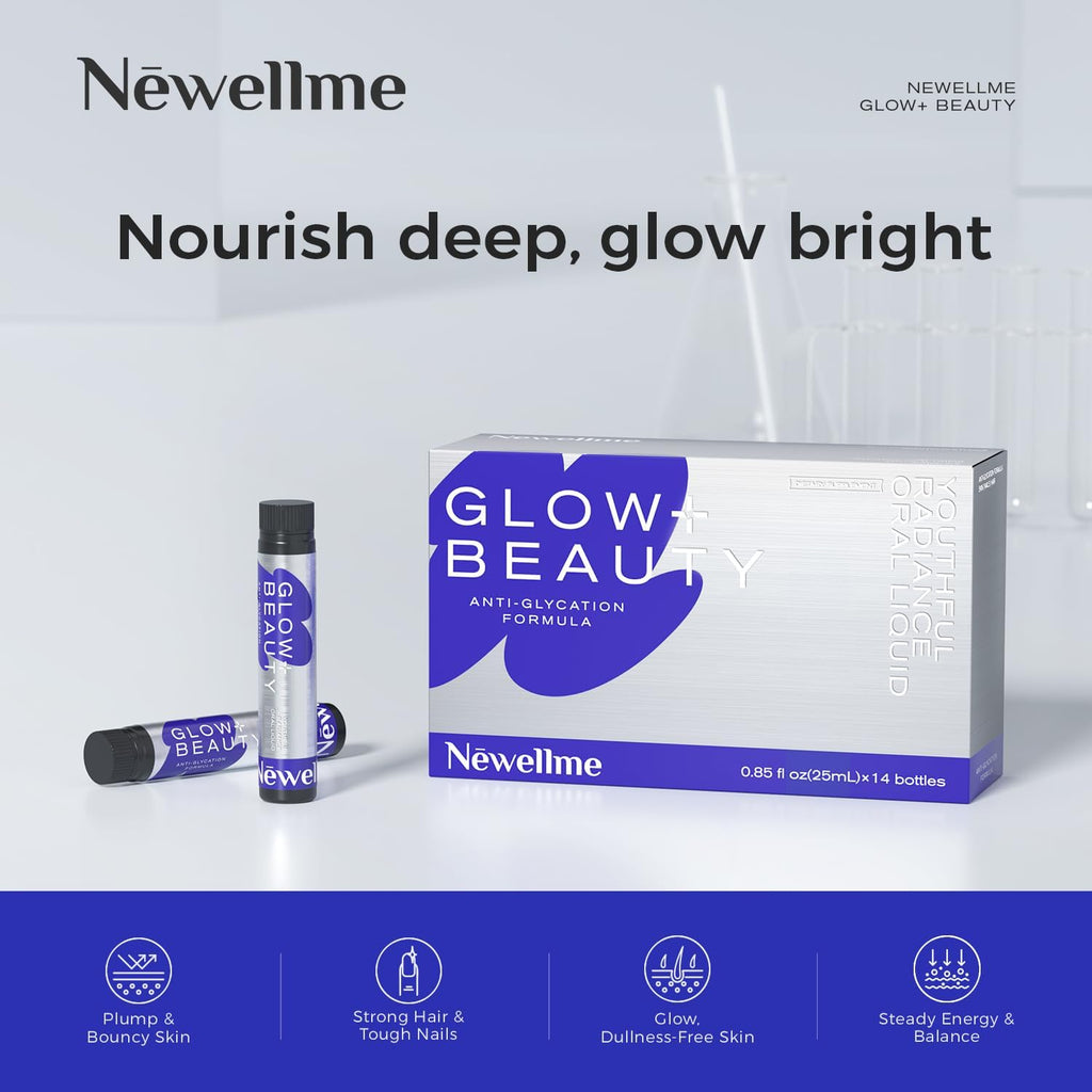 NEWELLME Glow+Beauty Collagen Drink – Liquid Beauty Supplement with Hyaluronic Acid & Antioxidant Complex, Supports Skin Hydration, Hair & Nail Strength, 28 Bottles