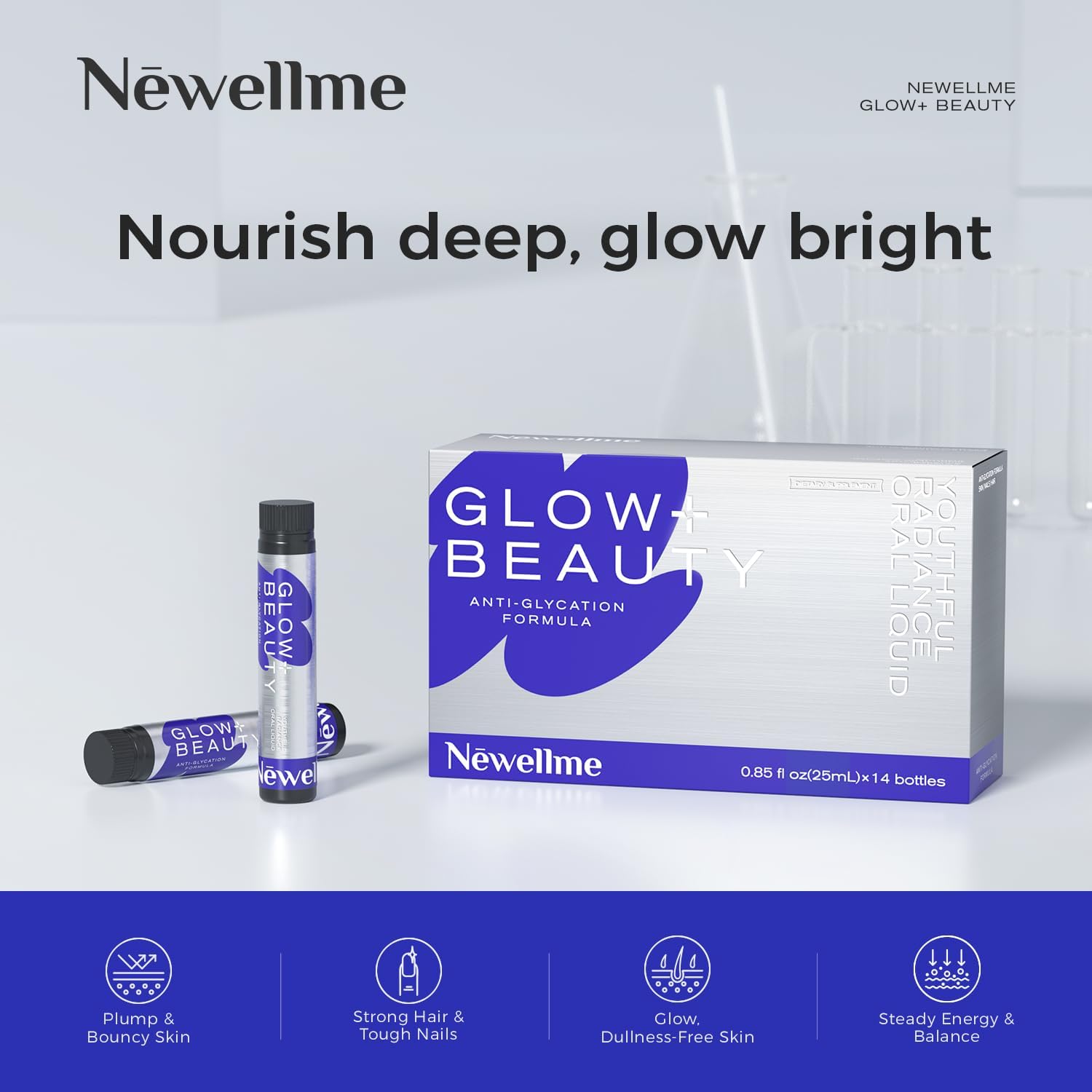 NEWELLME Glow+Beauty Collagen Drink – Liquid Beauty Supplement with Hyaluronic Acid & Antioxidant Complex, Supports Skin Hydration, Hair & Nail Strength, 28 Bottles