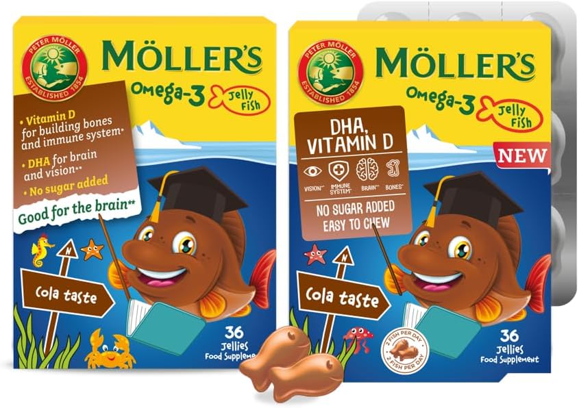 Moller’s ® | Omega 3 Capsules for Children | Natural Fish Oil Omega 3 Fish Oil for Kids | with DHA and EPA, No Gluten, Lactose or Added Sugar & Easy to Chew | Cola Flavor | 72 Capsules