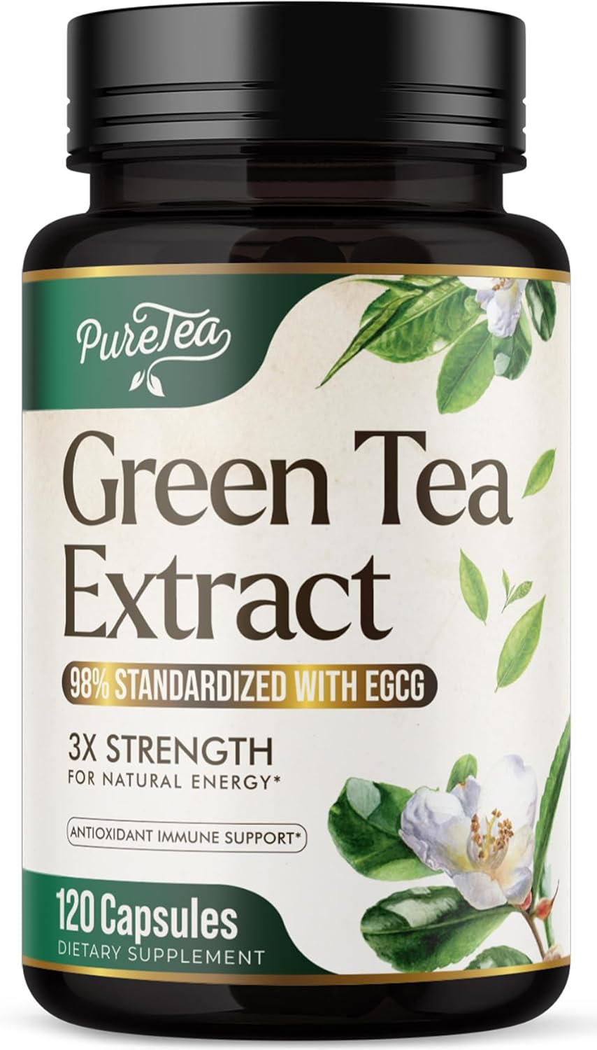Green Tea Extract Capsules 1000mg with 98% Standardized Polyphenols & 45% EGCG for Heart Support with Antioxidants - 3X Absorption Green Tea Pills for Natural Energy, Gentle Caffeine - 120 Capsules