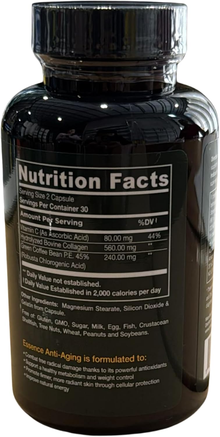 Anti-Ageing with Colombian Green Coffee Extract, Hydrolyzed Collagen, and Vitamin C (60 Capsules)