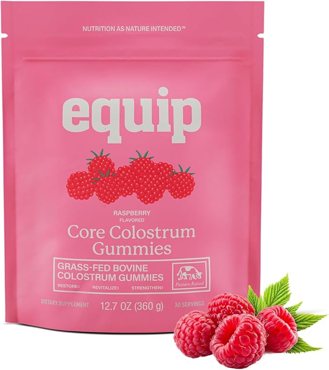 Equip Foods Core Bovine Colostrum Gummies - Delicious 1g Per Seving Grass Fed Colostrum Supplement - Gut Health, Immunity, Recovery, Hair & Skin - 60 Bovine Colostrum Gummies, 30 Servings, Raspberry