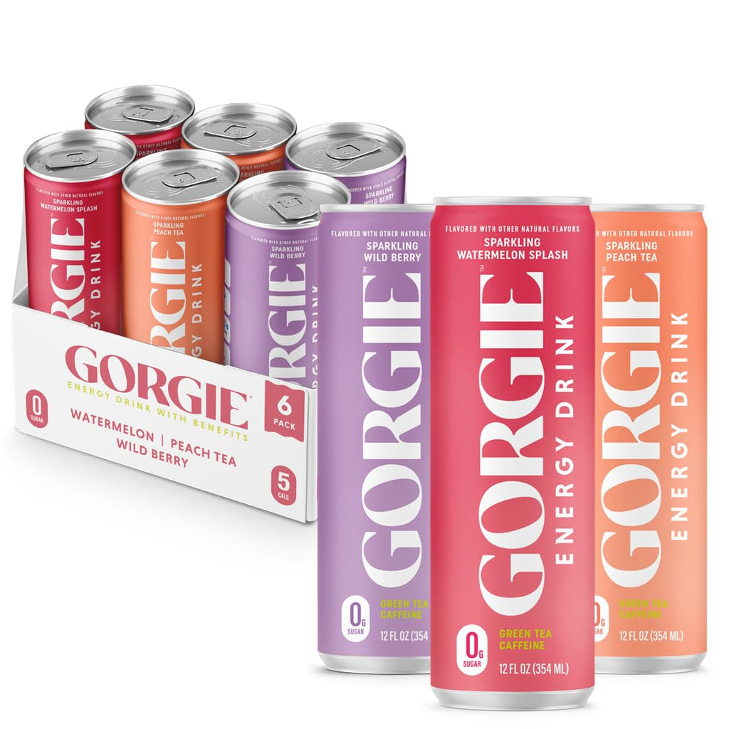 GORGIE Sugar Free Natural Energy Drinks, Sparkling Original Variety Pack (6 Cans) Healthy Energy Drink, Natural Coffee Replacement with Green Tea Caffeine and Biotin 150mg Caffeine, Vegan, Low Calorie